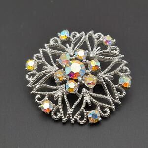 Vintage Snowflake Silver Tone Aurora Borealis Rhinestones 1 3/4 Inch Brooch